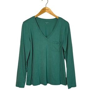 GARNET HILL Women Large Green Weekender Vneck Organic Cotton Long Sleeve Top